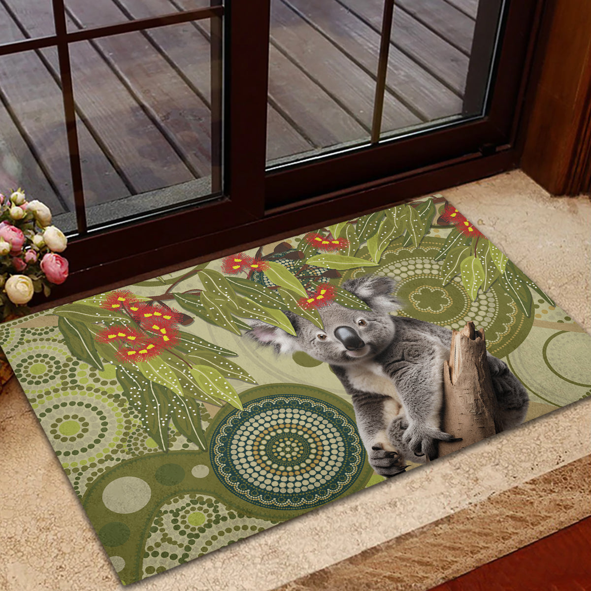 Aboriginal Koala Art Painting With Gum Blossom Rubber Doormat