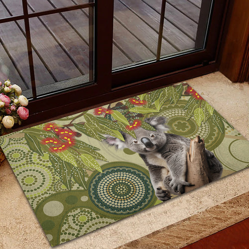 Aboriginal Koala Art Painting With Gum Blossom Rubber Doormat