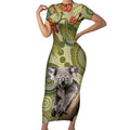 Aboriginal Koala Art Painting With Gum Blossom Short Sleeve Bodycon Dress