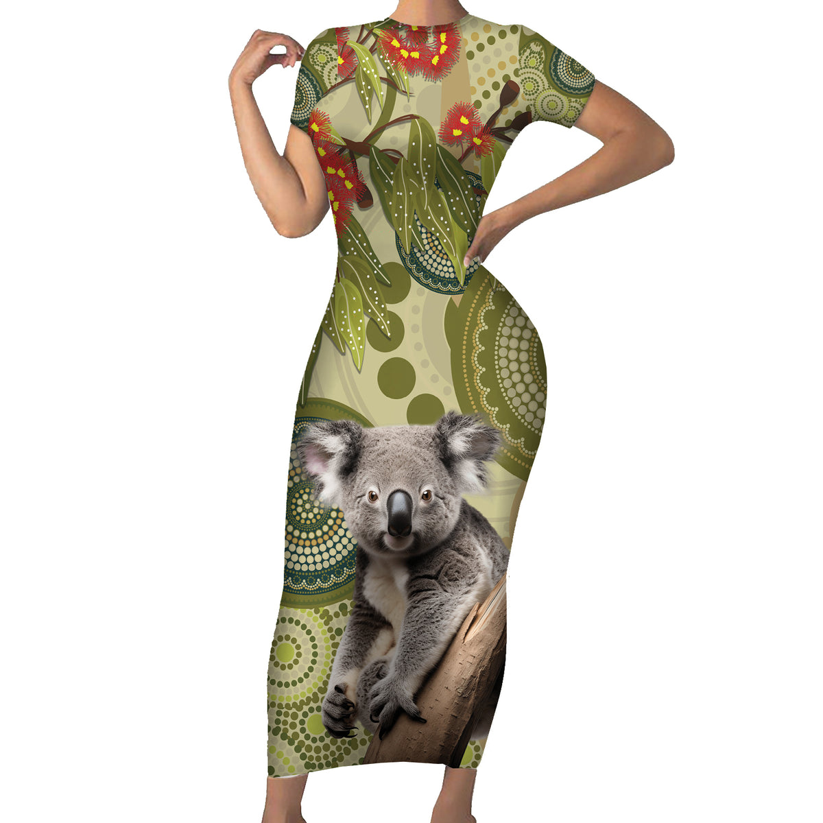 Aboriginal Koala Art Painting With Gum Blossom Short Sleeve Bodycon Dress