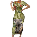 Aboriginal Koala Art Painting With Gum Blossom Short Sleeve Bodycon Dress