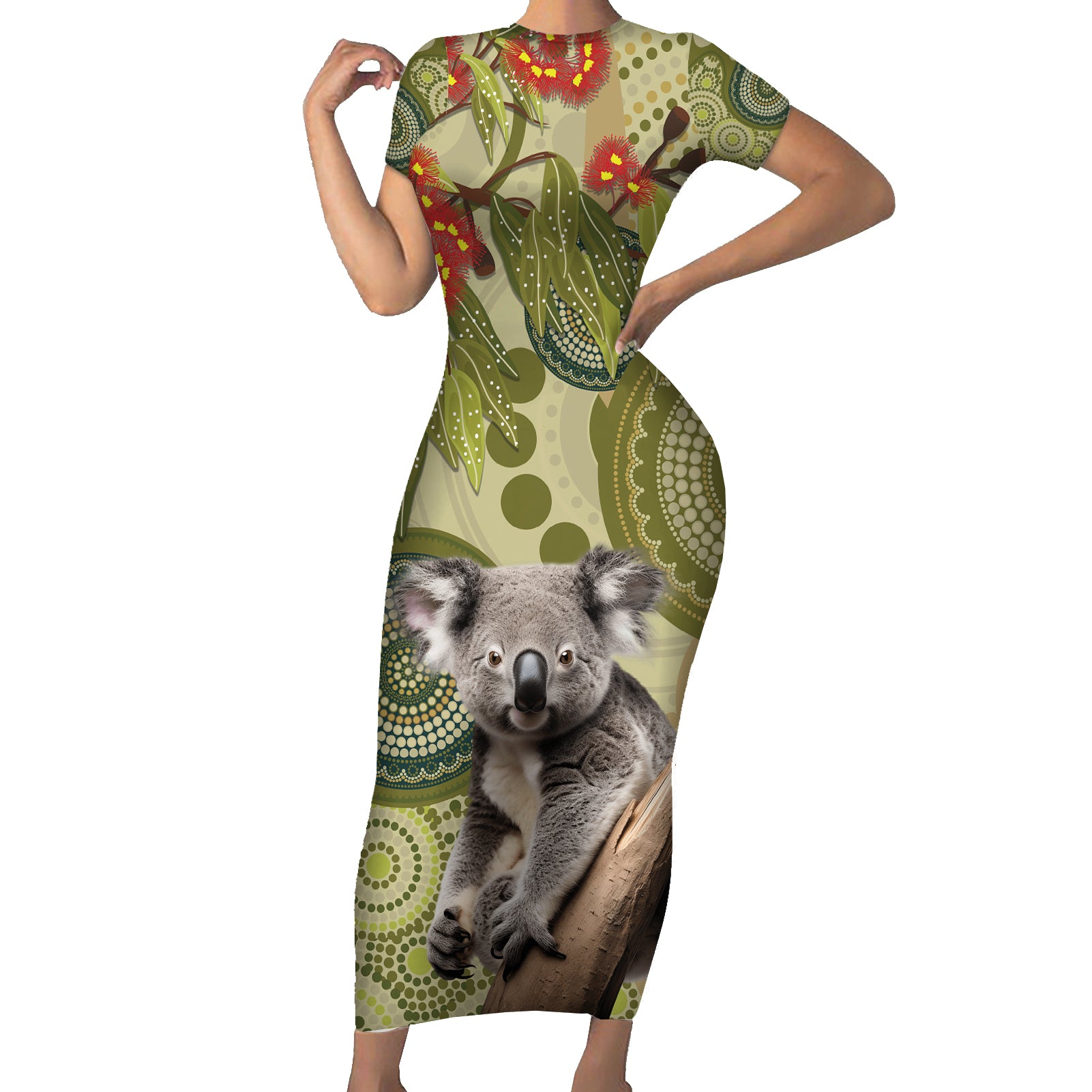 Aboriginal Koala Art Painting With Gum Blossom Short Sleeve Bodycon Dress