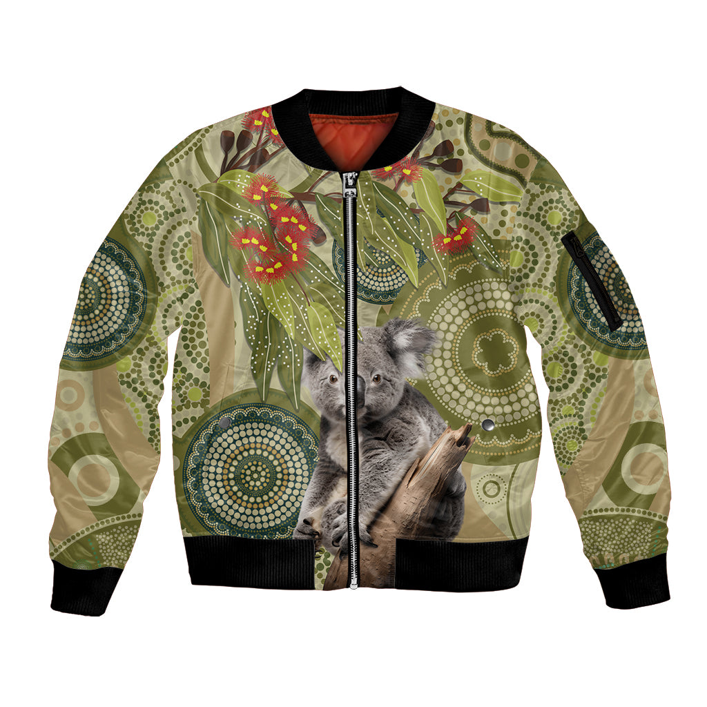 Aboriginal Koala Art Painting With Gum Blossom Sleeve Zip Bomber Jacket