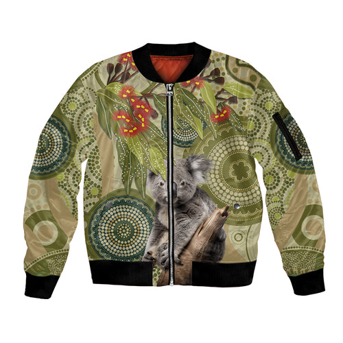 Aboriginal Koala Art Painting With Gum Blossom Sleeve Zip Bomber Jacket