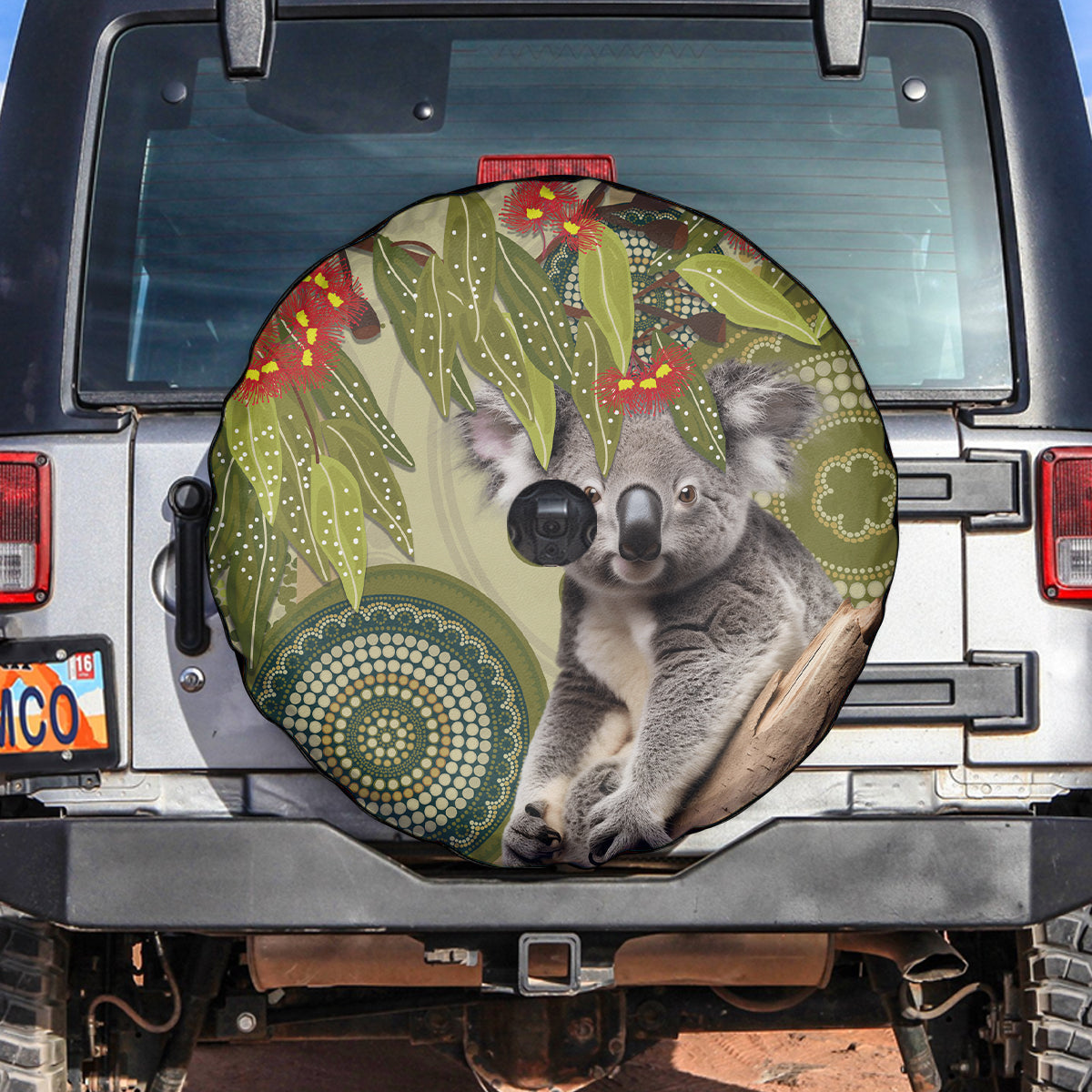 Aboriginal Koala Art Painting With Gum Blossom Spare Tire Cover