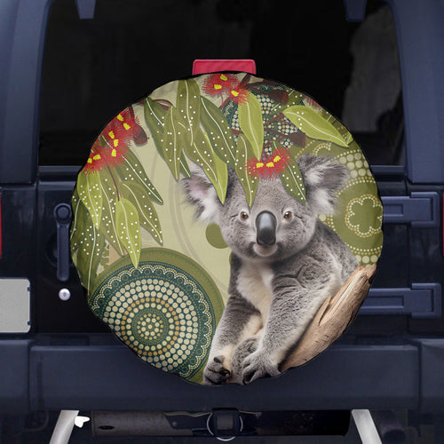 Aboriginal Koala Art Painting With Gum Blossom Spare Tire Cover