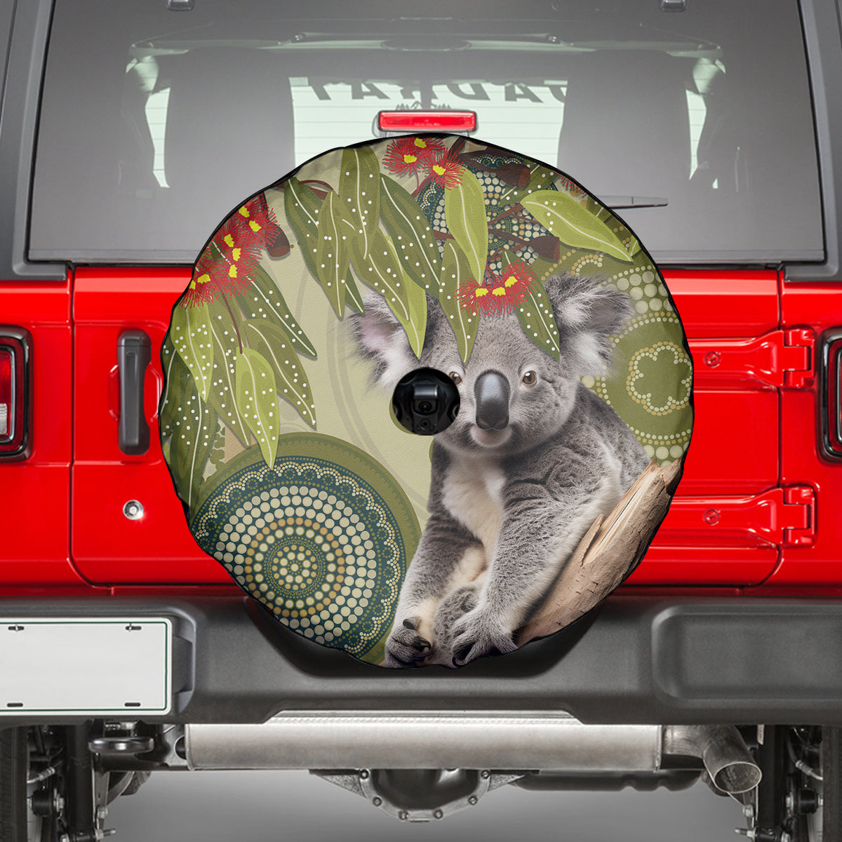 Aboriginal Koala Art Painting With Gum Blossom Spare Tire Cover