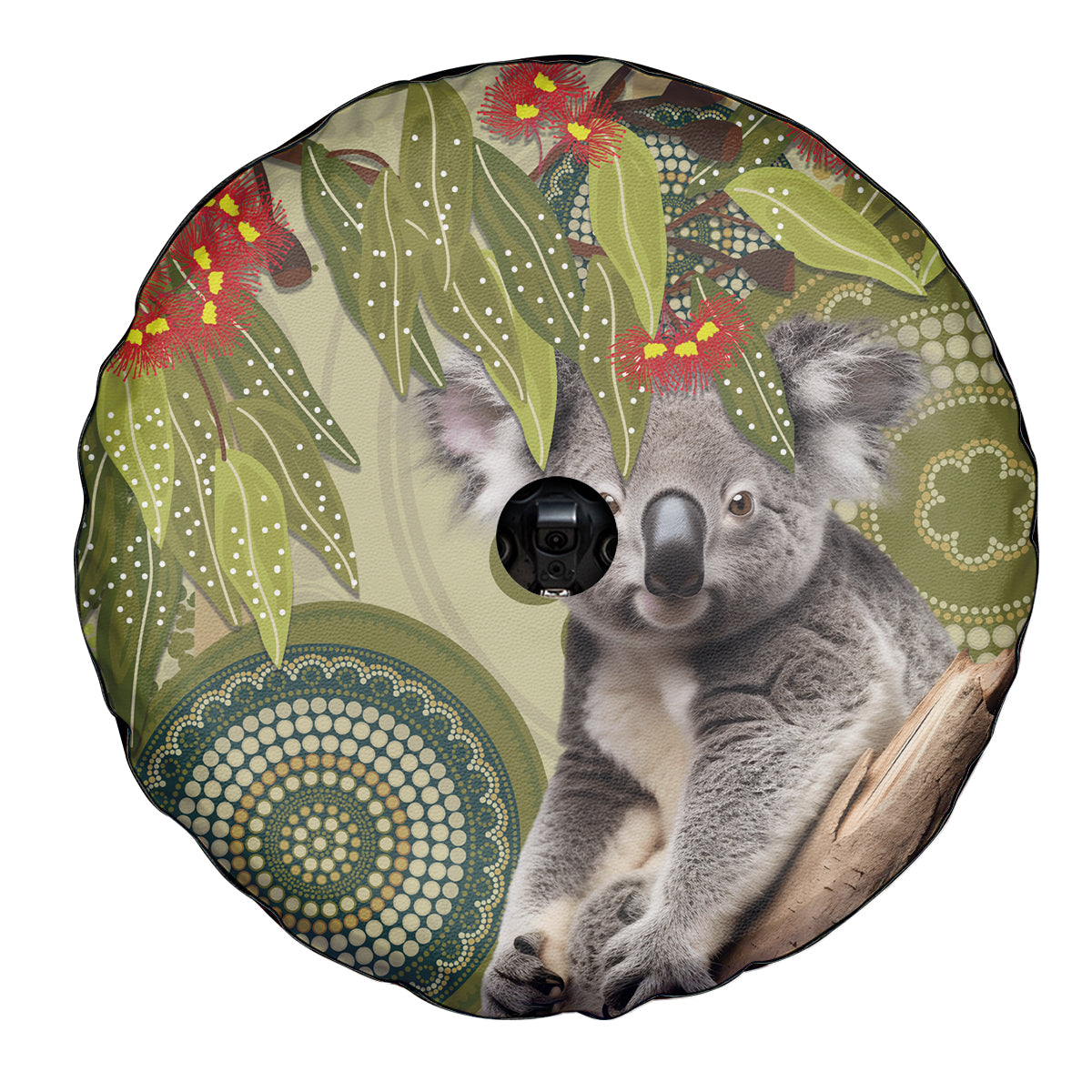 Aboriginal Koala Art Painting With Gum Blossom Spare Tire Cover