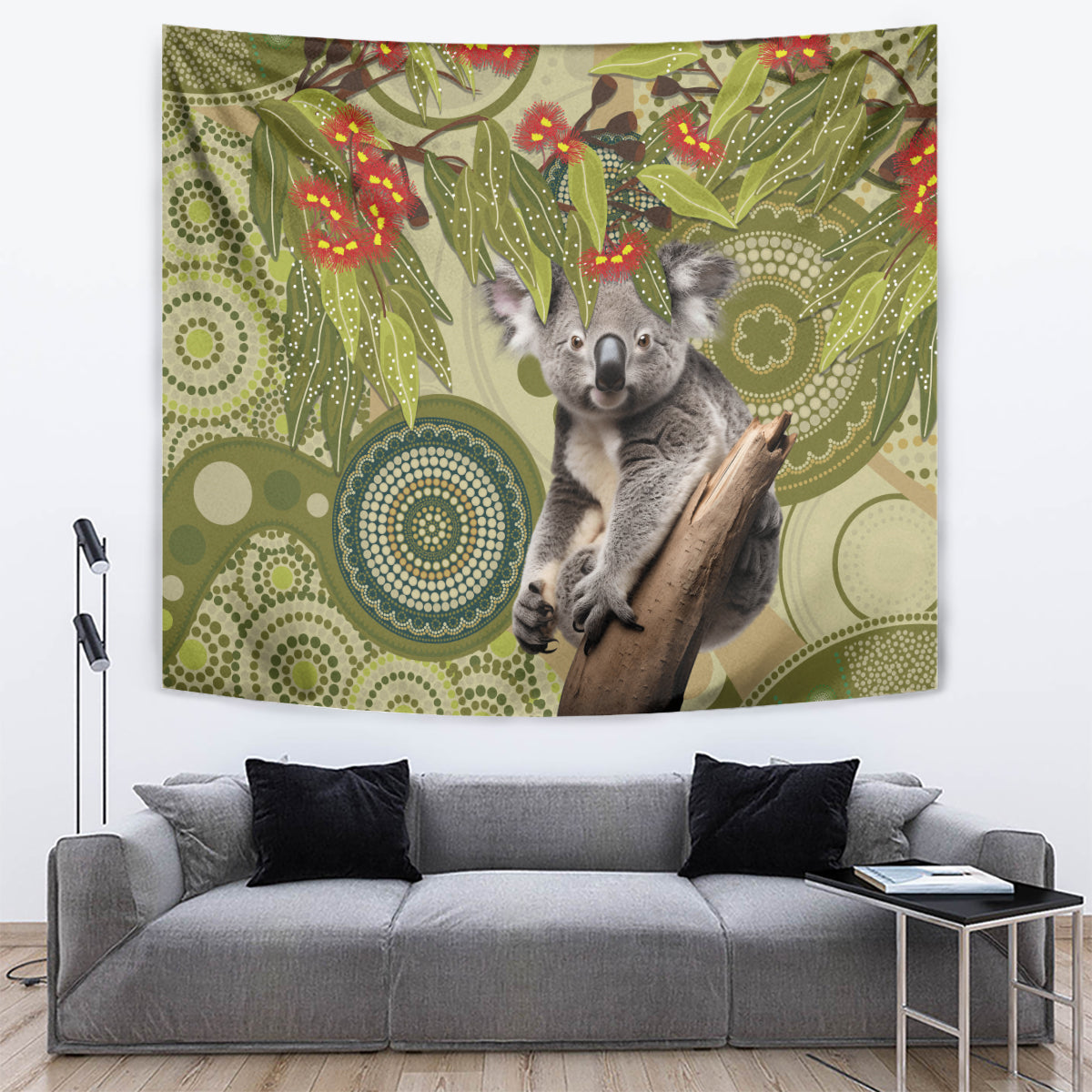 Aboriginal Koala Art Painting With Gum Blossom Tapestry