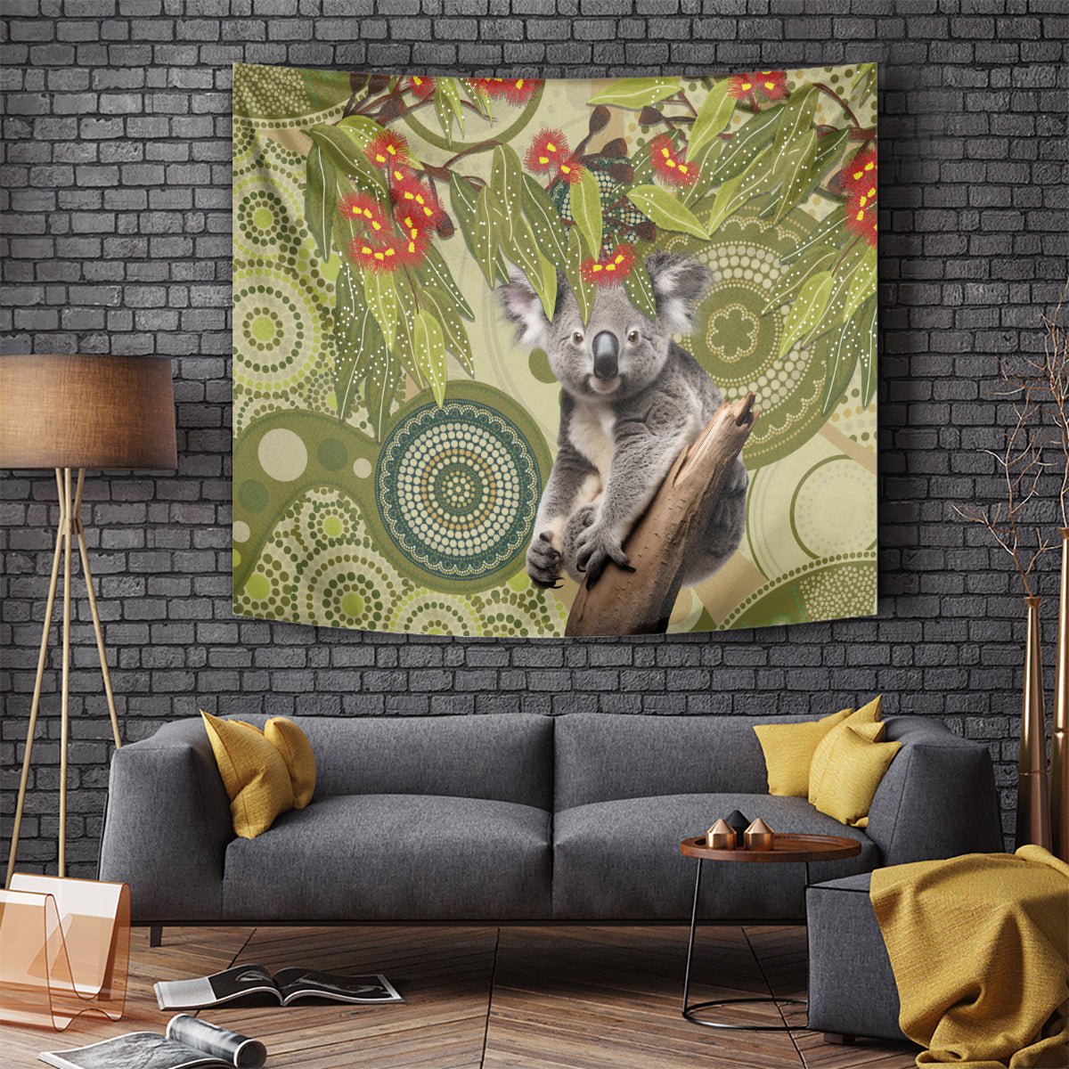 Aboriginal Koala Art Painting With Gum Blossom Tapestry