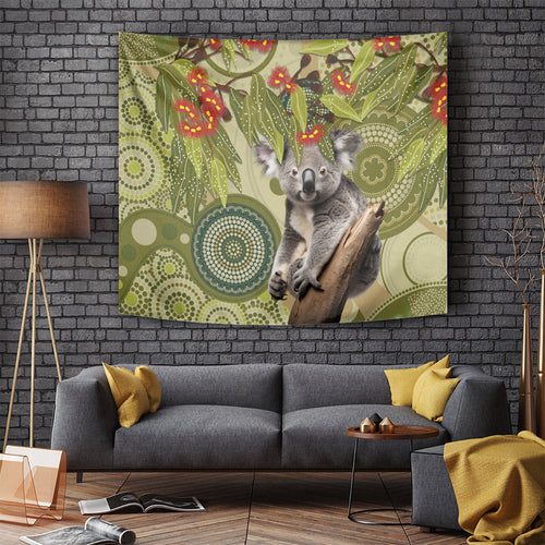 Aboriginal Koala Art Painting With Gum Blossom Tapestry
