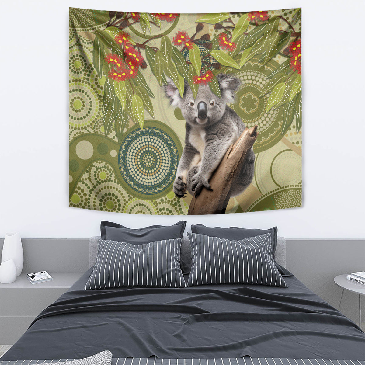 Aboriginal Koala Art Painting With Gum Blossom Tapestry