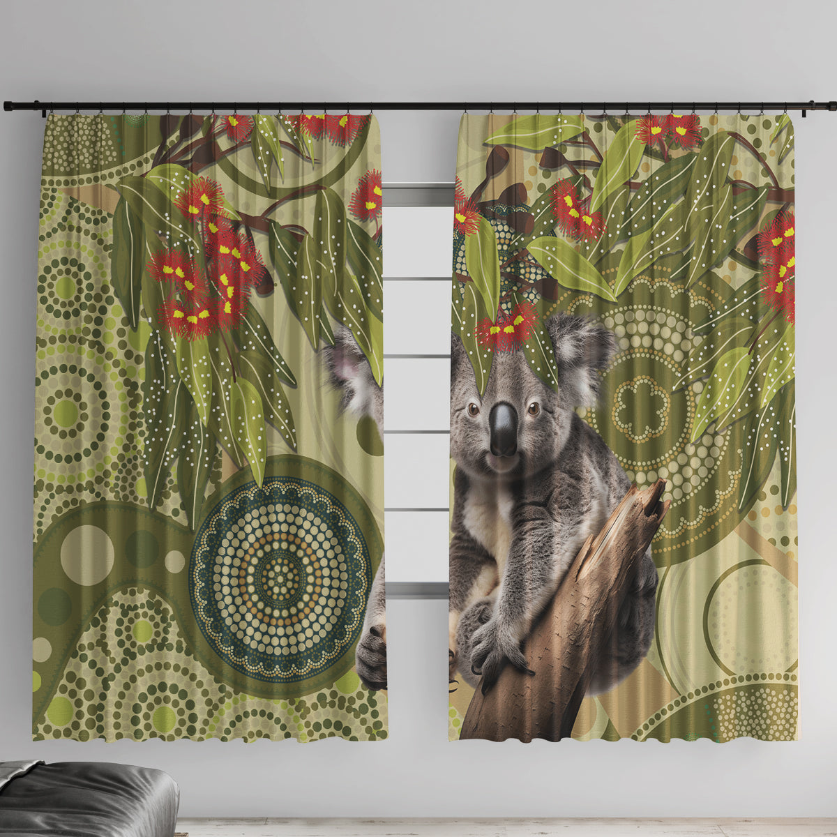 Aboriginal Koala Art Painting With Gum Blossom Window Curtain