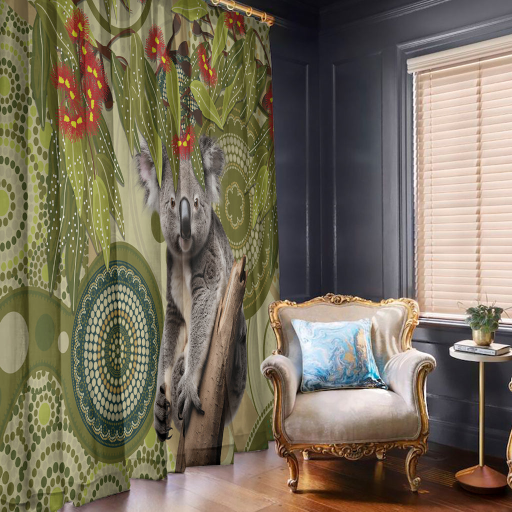 Aboriginal Koala Art Painting With Gum Blossom Window Curtain