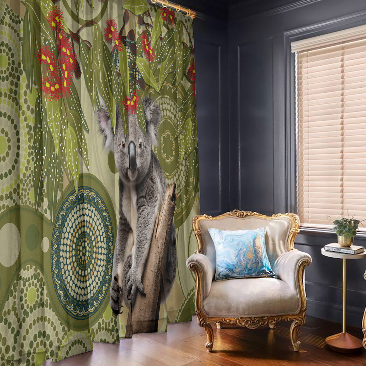 Aboriginal Koala Art Painting With Gum Blossom Window Curtain