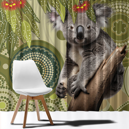 Aboriginal Koala Art Painting With Gum Blossom Window Curtain