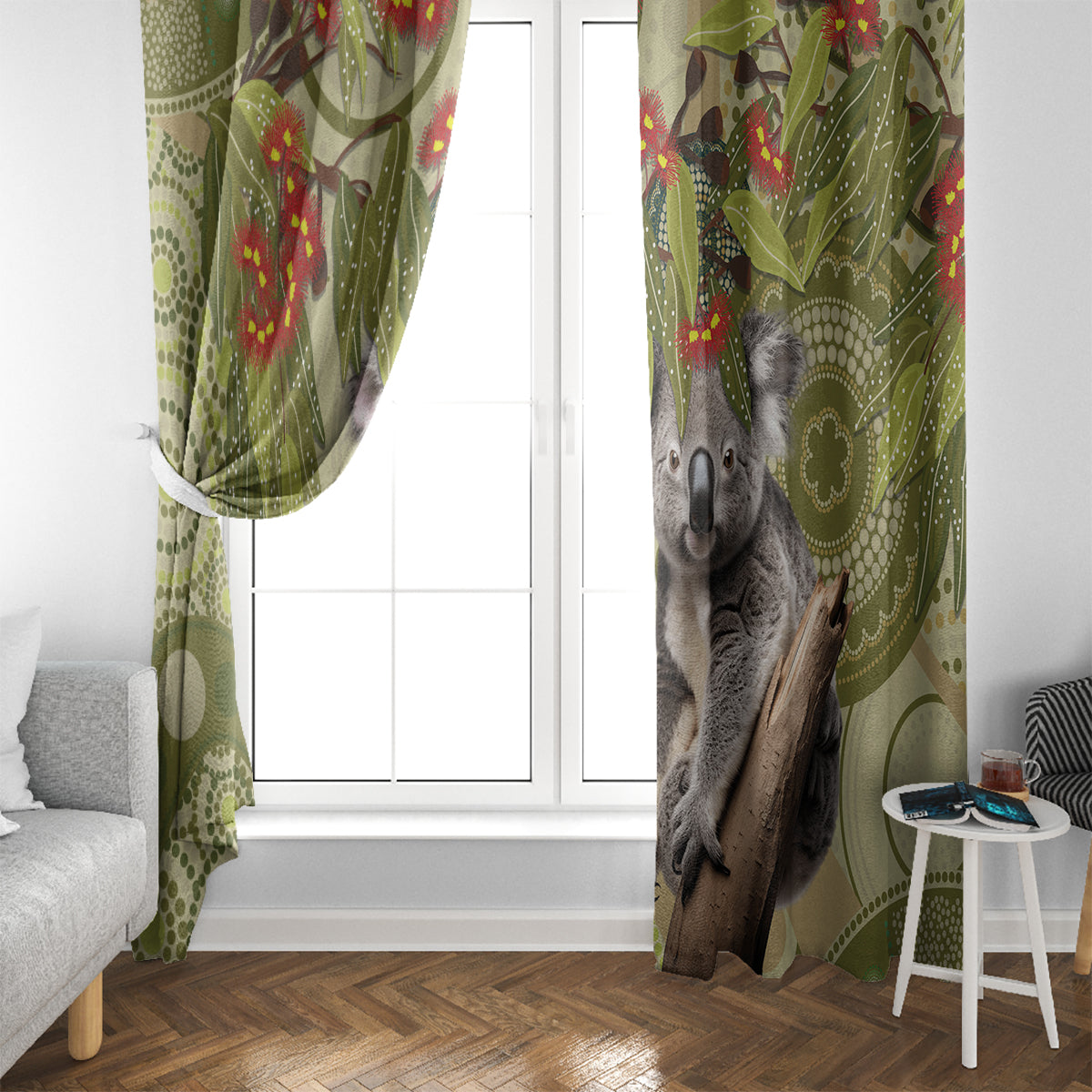 Aboriginal Koala Art Painting With Gum Blossom Window Curtain