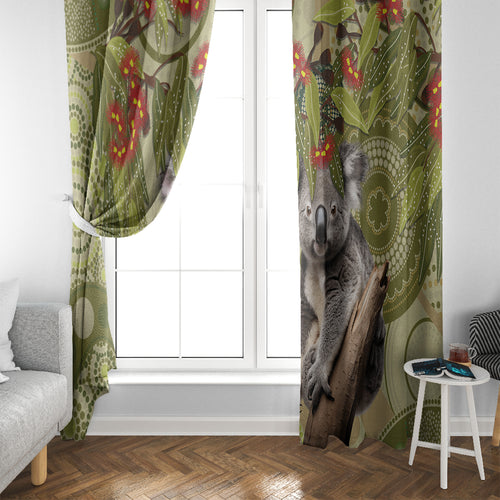 Aboriginal Koala Art Painting With Gum Blossom Window Curtain