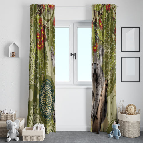 Aboriginal Koala Art Painting With Gum Blossom Window Curtain
