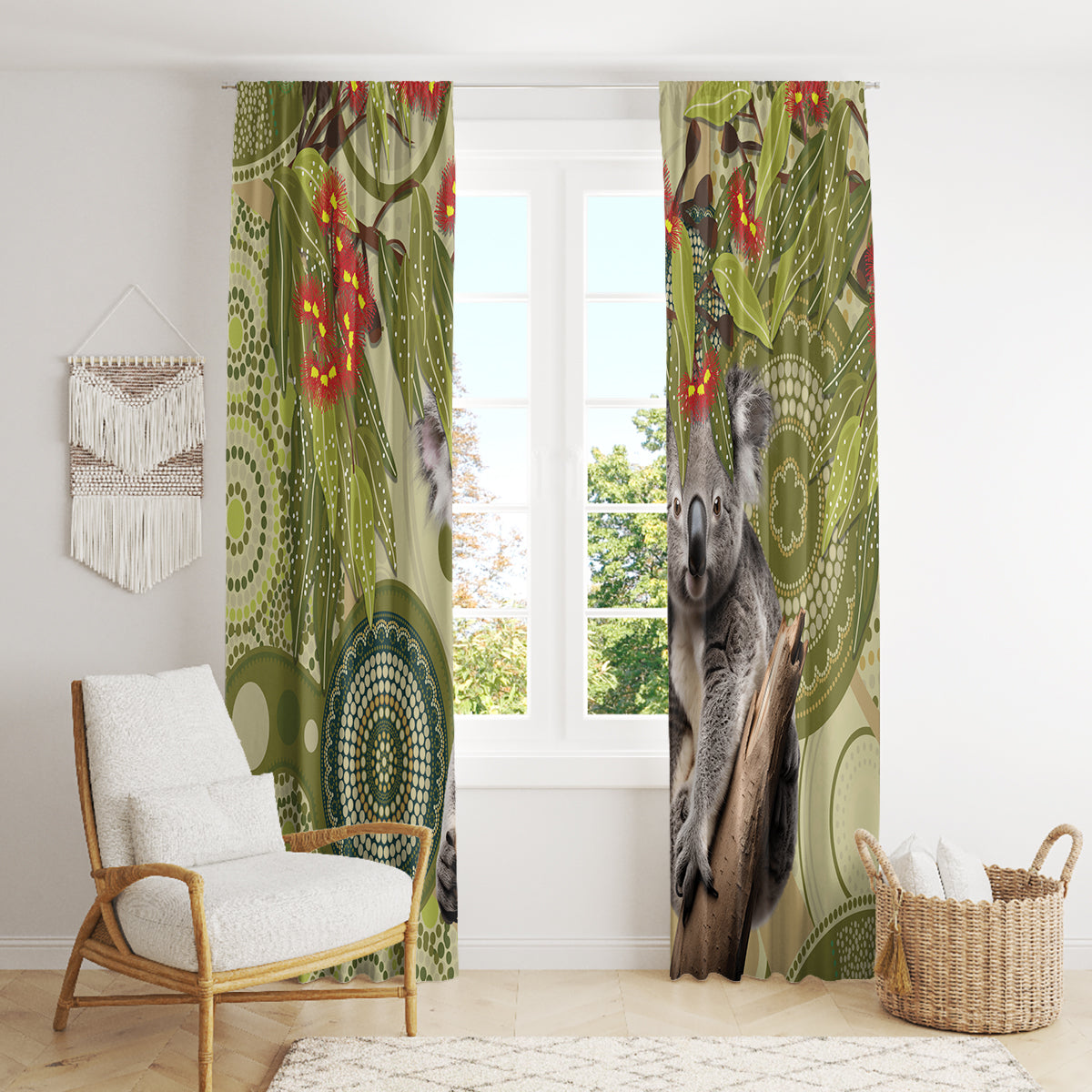 Aboriginal Koala Art Painting With Gum Blossom Window Curtain