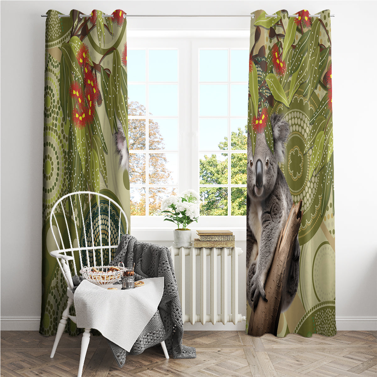 Aboriginal Koala Art Painting With Gum Blossom Window Curtain