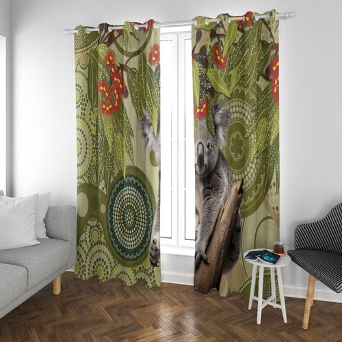 Aboriginal Koala Art Painting With Gum Blossom Window Curtain