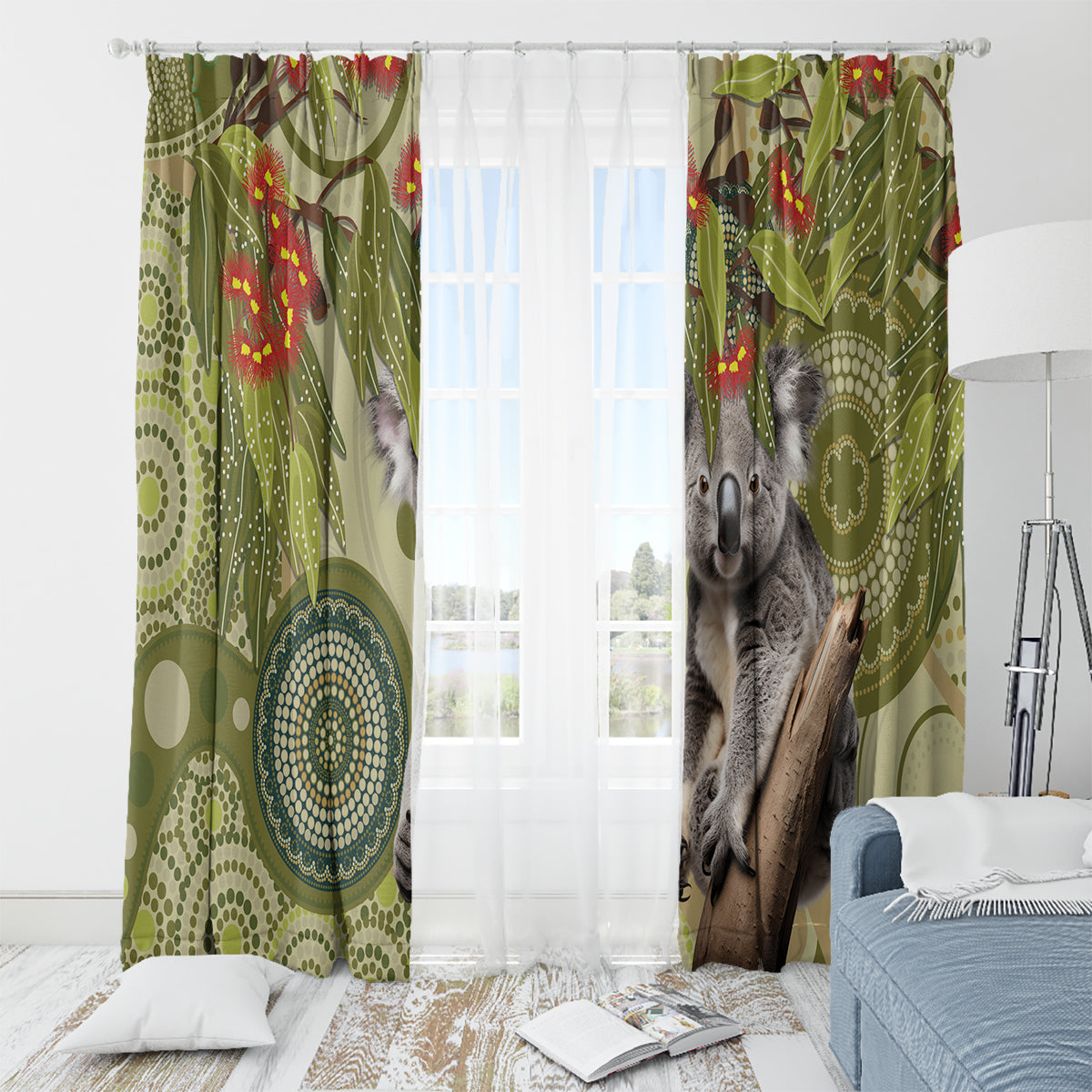 Aboriginal Koala Art Painting With Gum Blossom Window Curtain