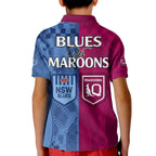 Blues and Maroons Rugby Kid Polo Shirt State of Origin NSW Combine QLD Sporty Style 2023 LT9