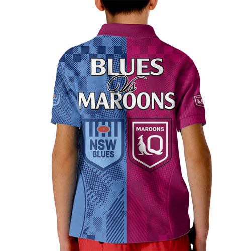 Blues and Maroons Rugby Kid Polo Shirt State of Origin NSW Combine QLD Sporty Style 2023 LT9