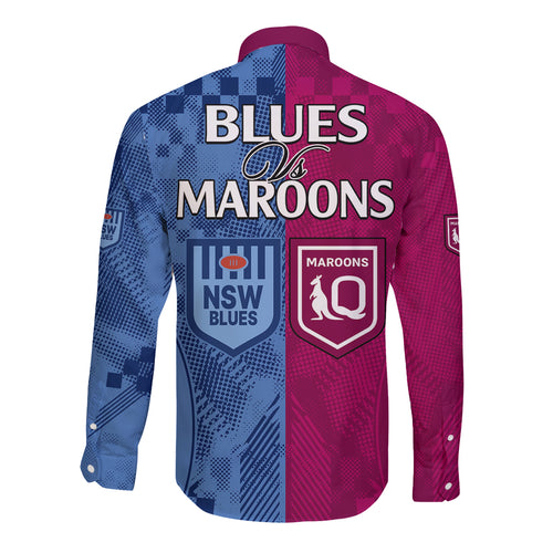 Blues and Maroons Rugby Long Sleeve Button Shirt State of Origin NSW Combine QLD Sporty Style 2023 LT9