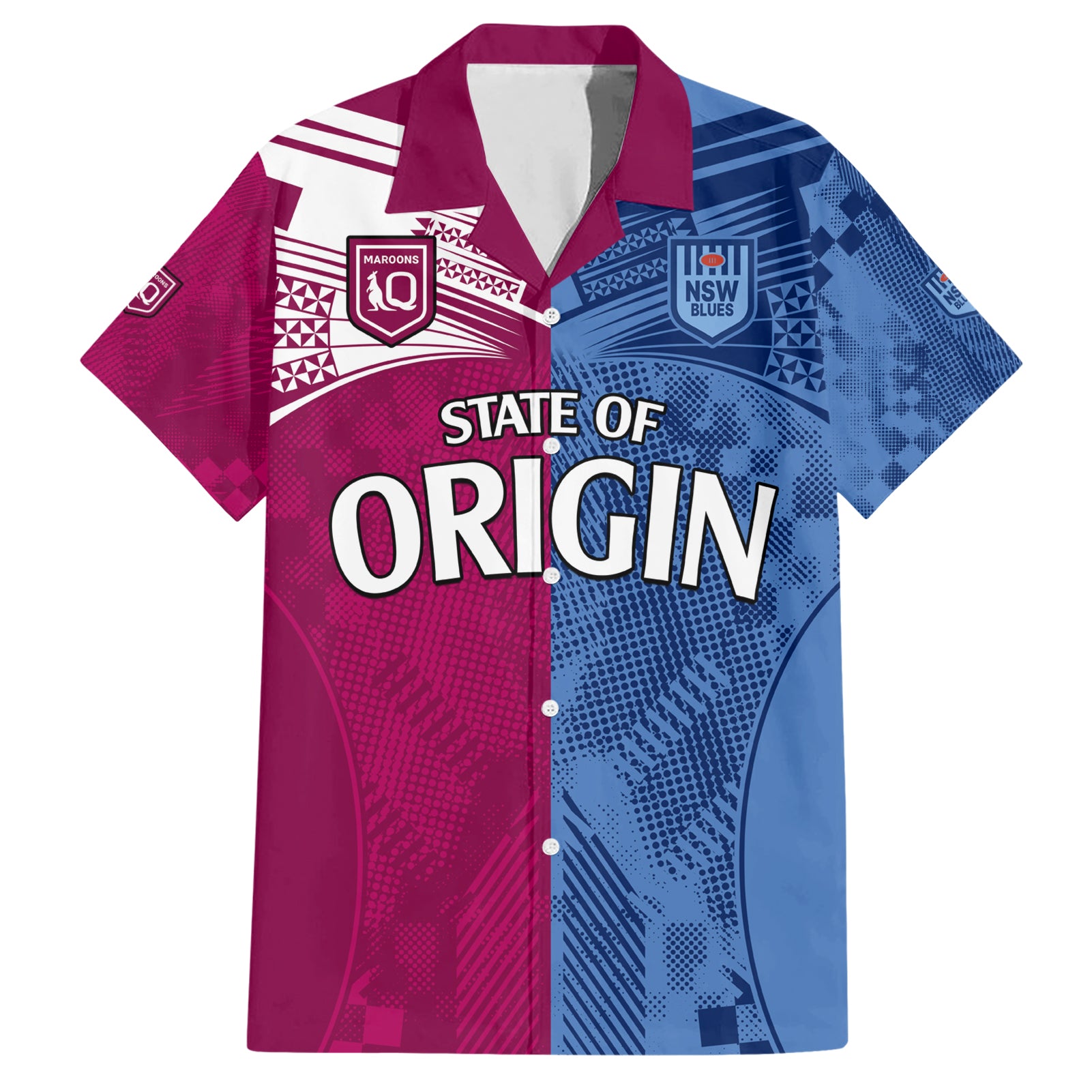(Custom Text And Number) Blues and Maroons Rugby Hawaiian Shirt State of Origin NSW Combine QLD Sporty Style 2023 LT9