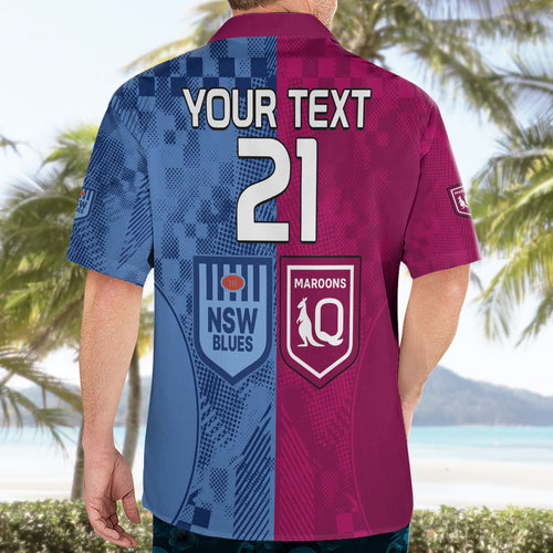 (Custom Text And Number) Blues and Maroons Rugby Hawaiian Shirt State of Origin NSW Combine QLD Sporty Style 2023 LT9