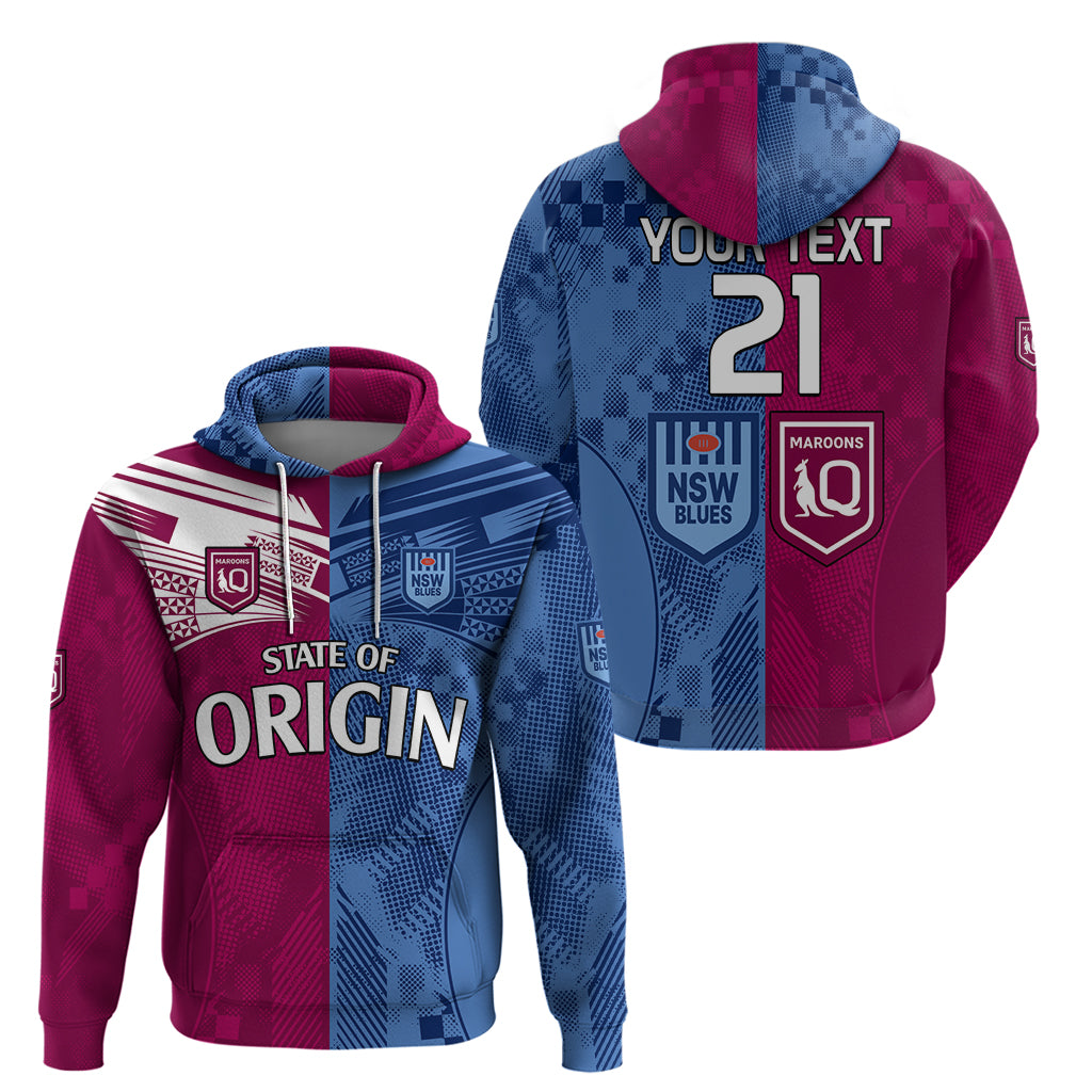 (Custom Text And Number) Blues and Maroons Rugby Hoodie State of Origin NSW Combine QLD Sporty Style 2023 LT9