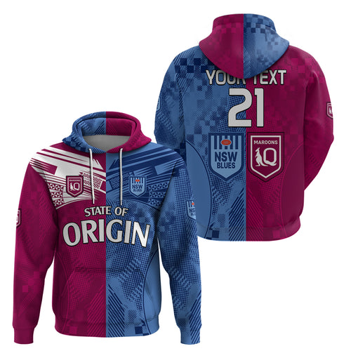 (Custom Text And Number) Blues and Maroons Rugby Hoodie State of Origin NSW Combine QLD Sporty Style 2023 LT9
