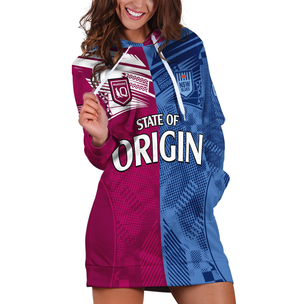 (Custom Text And Number) Blues and Maroons Rugby Hoodie Dress State of Origin NSW Combine QLD Sporty Style 2023 LT9