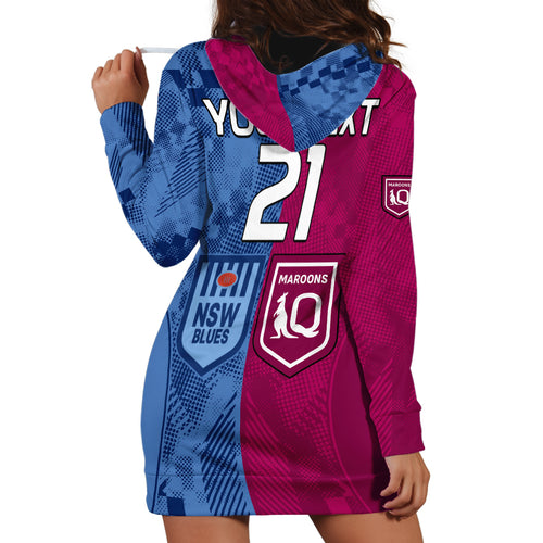 (Custom Text And Number) Blues and Maroons Rugby Hoodie Dress State of Origin NSW Combine QLD Sporty Style 2023 LT9