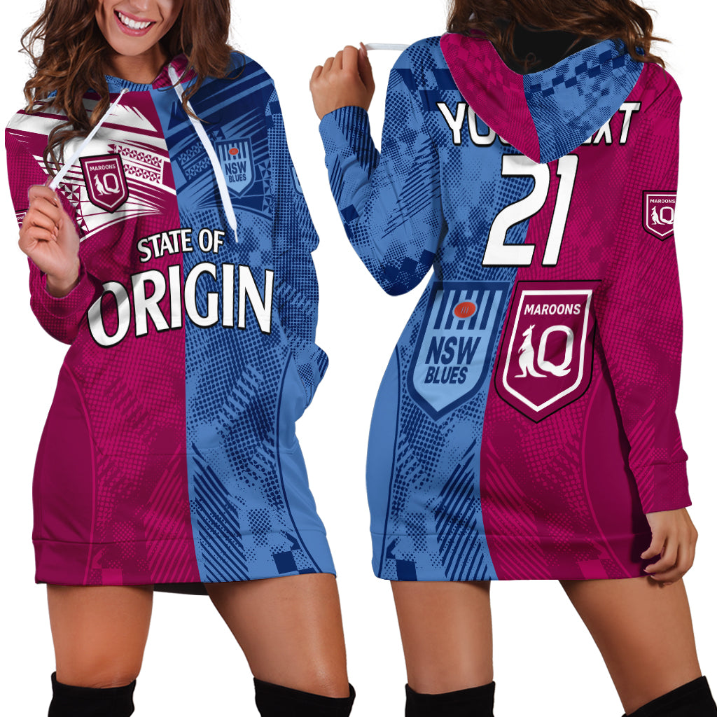 (Custom Text And Number) Blues and Maroons Rugby Hoodie Dress State of Origin NSW Combine QLD Sporty Style 2023 LT9