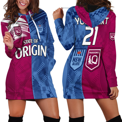 (Custom Text And Number) Blues and Maroons Rugby Hoodie Dress State of Origin NSW Combine QLD Sporty Style 2023 LT9