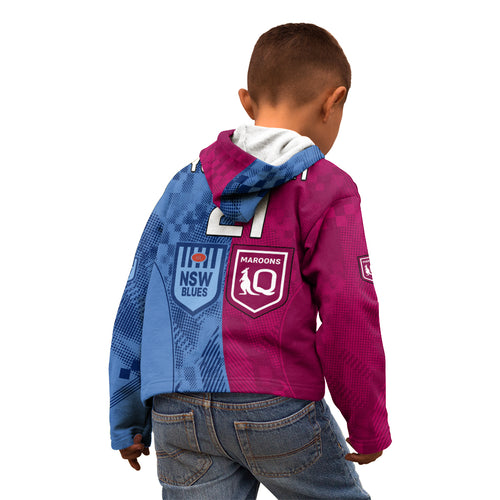 (Custom Text And Number) Blues and Maroons Rugby Kid Hoodie State of Origin NSW Combine QLD Sporty Style 2023 LT9