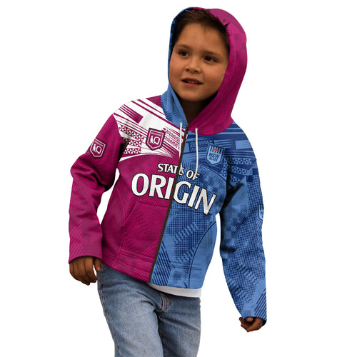 (Custom Text And Number) Blues and Maroons Rugby Kid Hoodie State of Origin NSW Combine QLD Sporty Style 2023 LT9