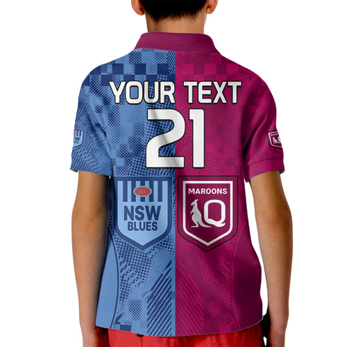 (Custom Text And Number) Blues and Maroons Rugby Kid Polo Shirt State of Origin NSW Combine QLD Sporty Style 2023 LT9