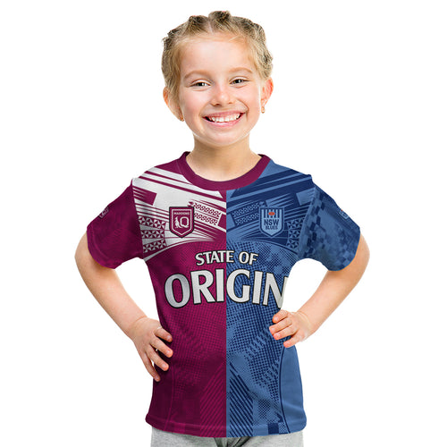 (Custom Text And Number) Blues and Maroons Rugby Kid T Shirt State of Origin NSW Combine QLD Sporty Style 2023 LT9