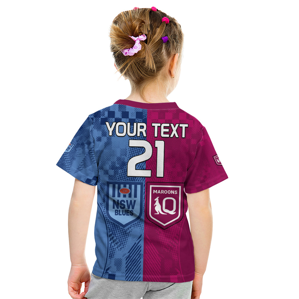 (Custom Text And Number) Blues and Maroons Rugby Kid T Shirt State of Origin NSW Combine QLD Sporty Style 2023 LT9