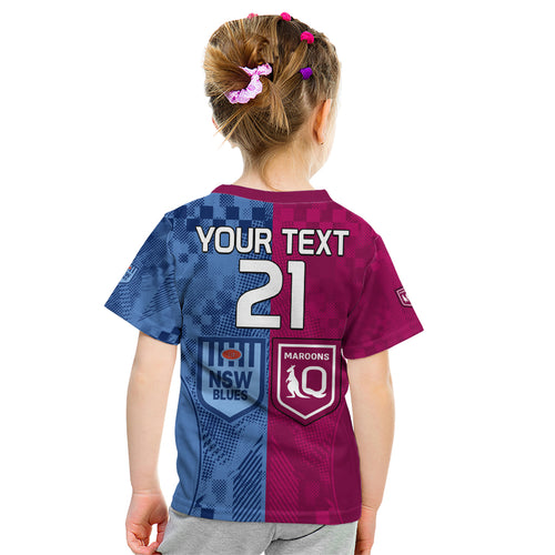 (Custom Text And Number) Blues and Maroons Rugby Kid T Shirt State of Origin NSW Combine QLD Sporty Style 2023 LT9