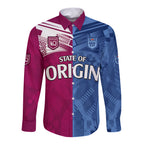 (Custom Text And Number) Blues and Maroons Rugby Long Sleeve Button Shirt State of Origin NSW Combine QLD Sporty Style 2023 LT9