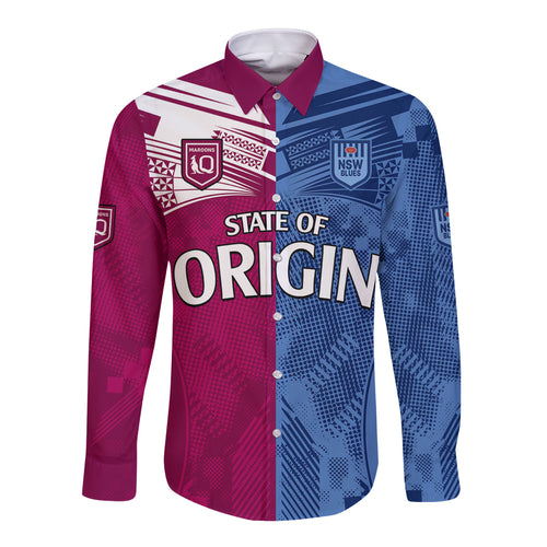 (Custom Text And Number) Blues and Maroons Rugby Long Sleeve Button Shirt State of Origin NSW Combine QLD Sporty Style 2023 LT9