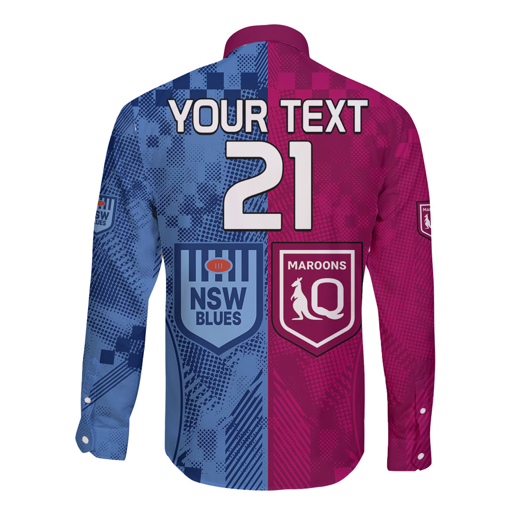 (Custom Text And Number) Blues and Maroons Rugby Long Sleeve Button Shirt State of Origin NSW Combine QLD Sporty Style 2023 LT9