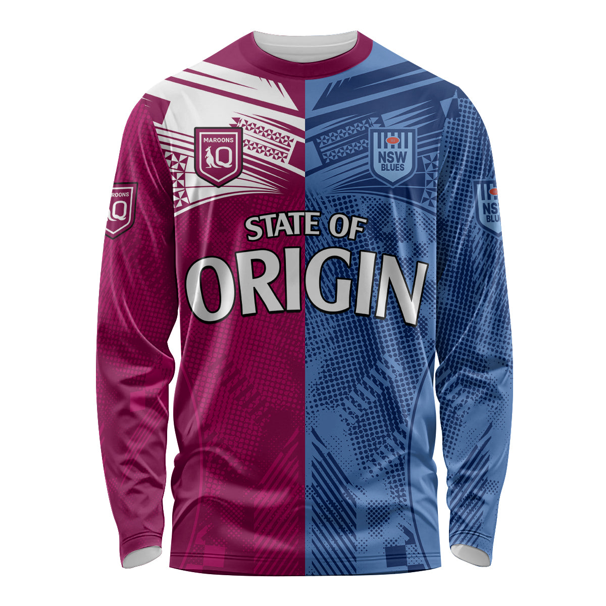 (Custom Text And Number) Blues and Maroons Rugby Long Sleeve Shirt State of Origin NSW Combine QLD Sporty Style 2023 LT9