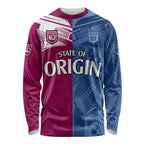 (Custom Text And Number) Blues and Maroons Rugby Long Sleeve Shirt State of Origin NSW Combine QLD Sporty Style 2023 LT9