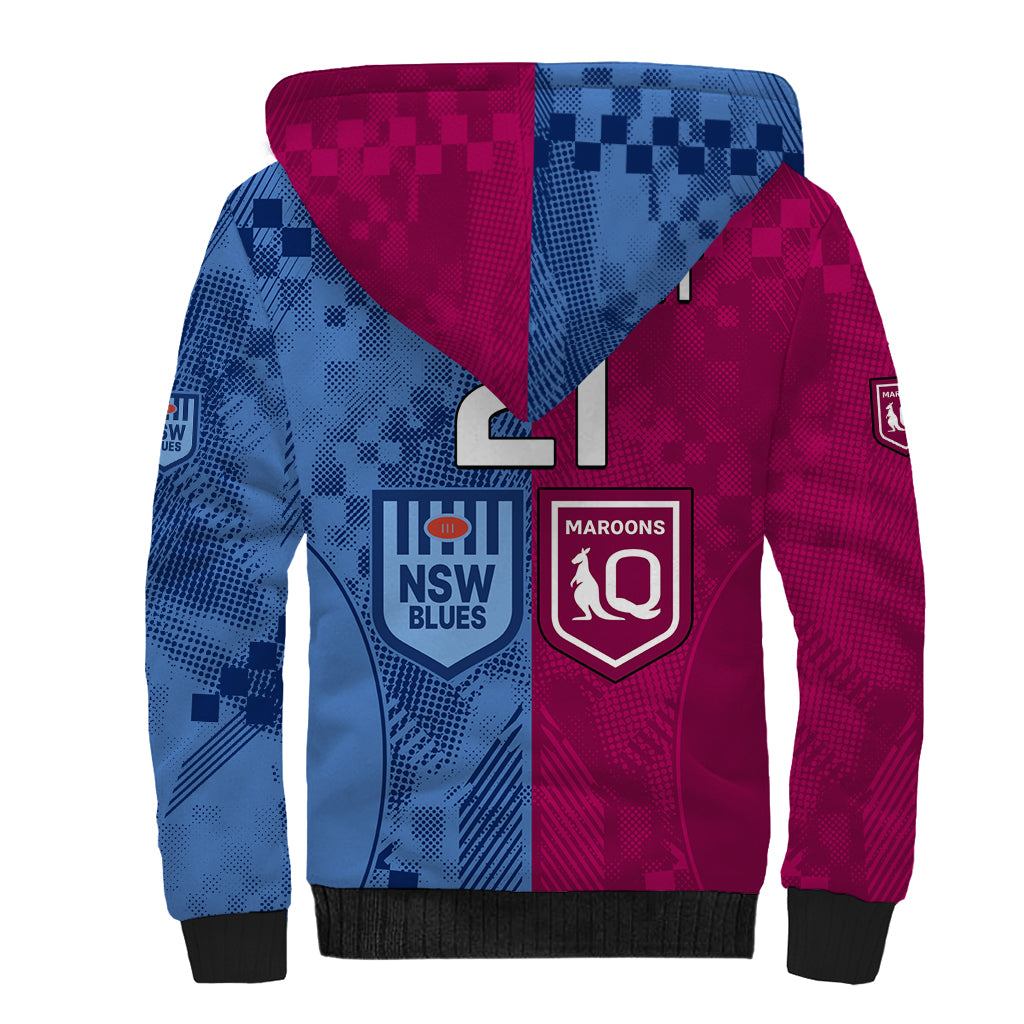 (Custom Text And Number) Blues and Maroons Rugby Sherpa Hoodie State of Origin NSW Combine QLD Sporty Style 2023 LT9